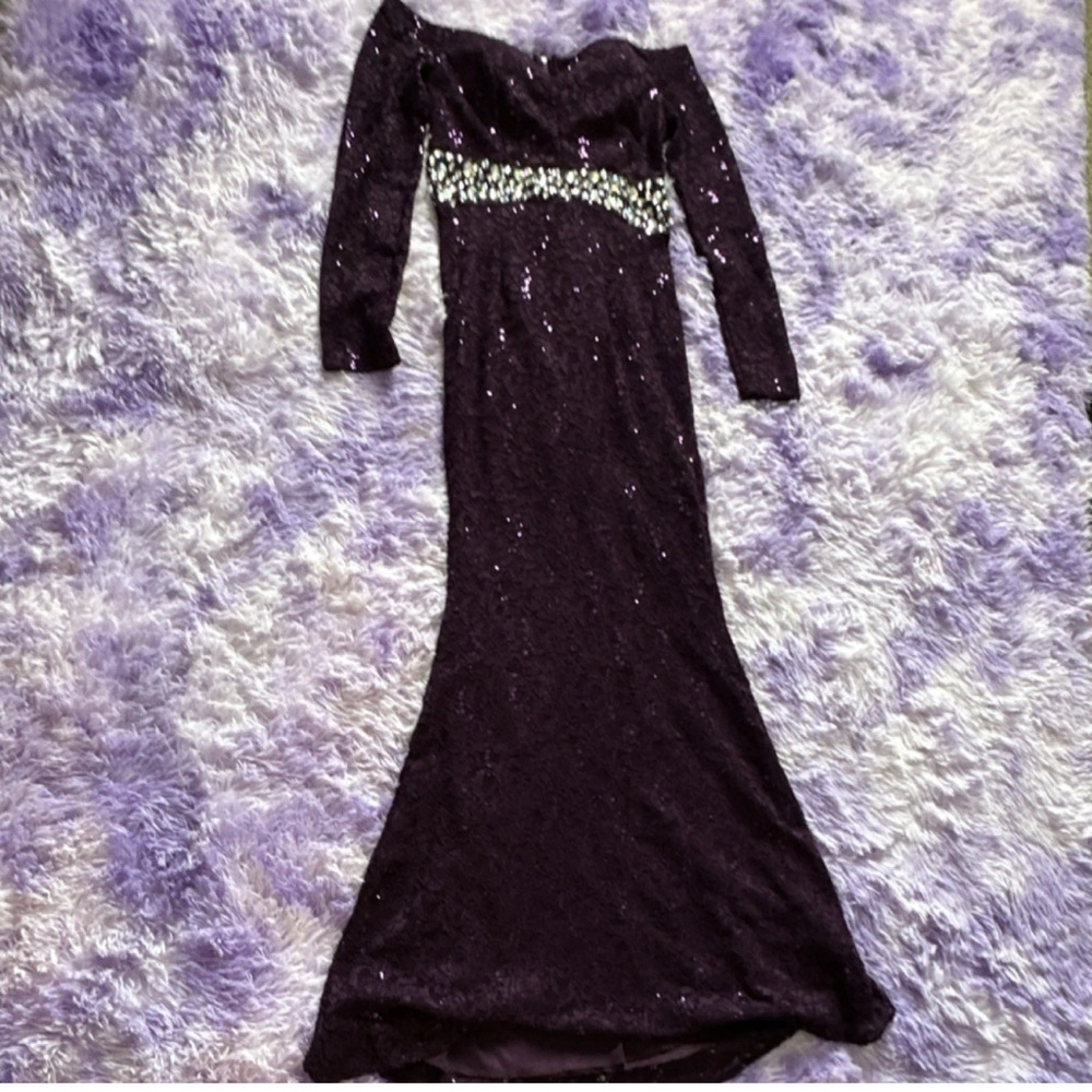 Scala Black Sequin Long Sleeve Gown with Rhinestone Waist